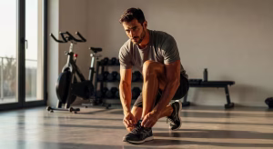 Hombre en forma preparándose para entrenar en primavera atándose las zapatillas deportivas