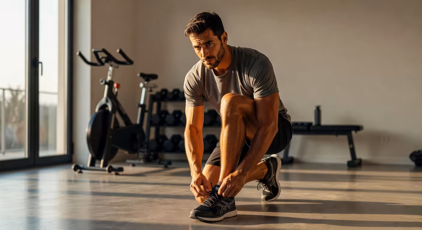 Cómo ponerte en forma para la primavera: Guía completa de entrenamiento, nutrición y bienestar Hombre en forma preparándose para entrenar en primavera atándose las zapatillas deportivas