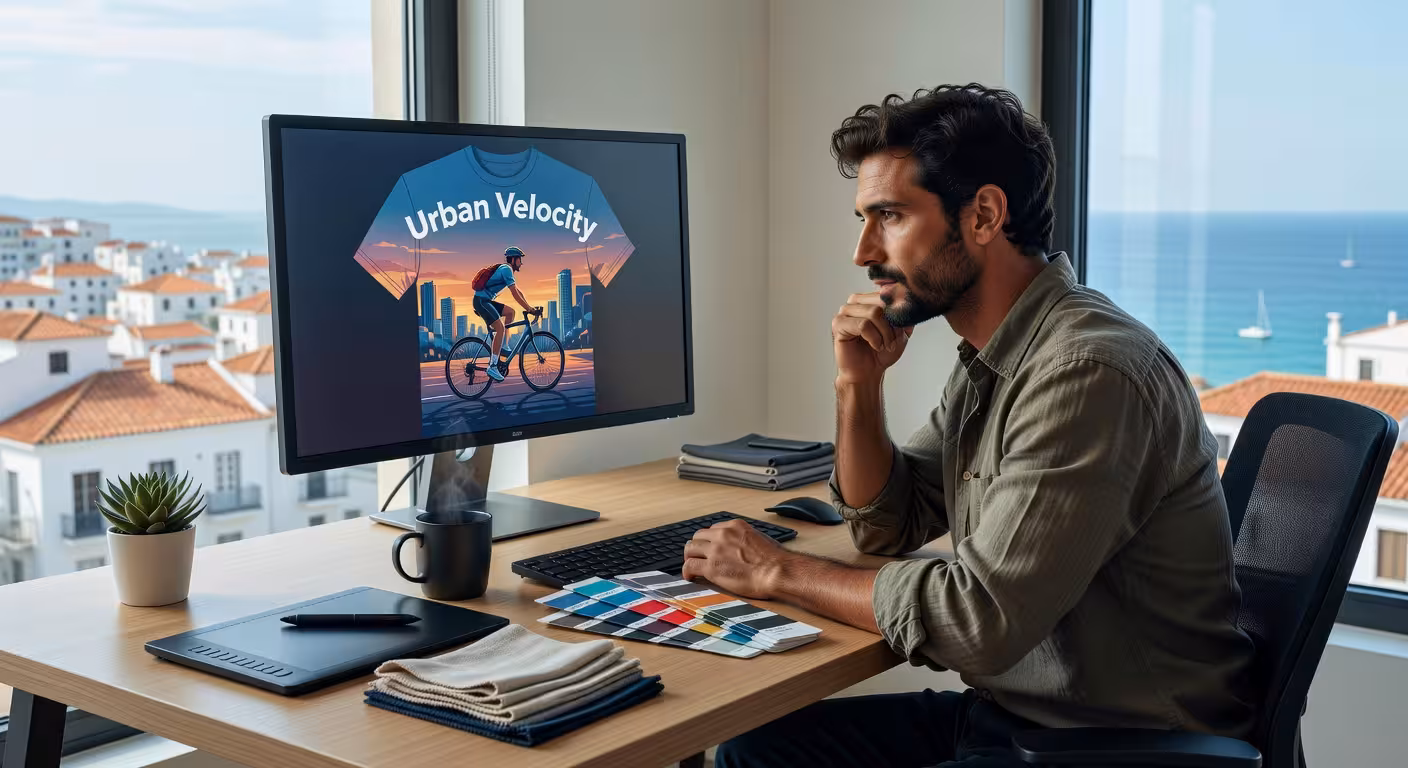 Diseñador profesional trabajando en diseños de camisetas personalizadas en su estudio moderno