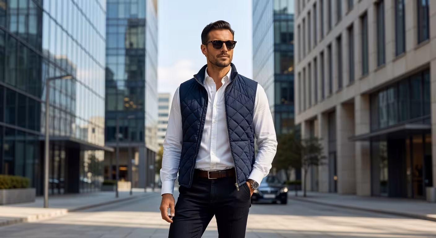 Guía completa del bodywarmer: tipos, estilos y cómo elegir el chaleco perfecto Hombre europeo con chaleco acolchado de lujo en entorno urbano elegante