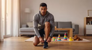 Padre preparándose para salir a correr temprano por la mañana en casa