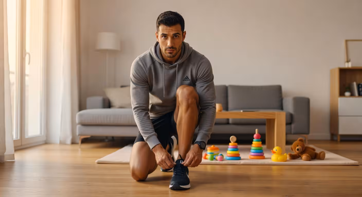 Padre preparándose para salir a correr temprano por la mañana en casa