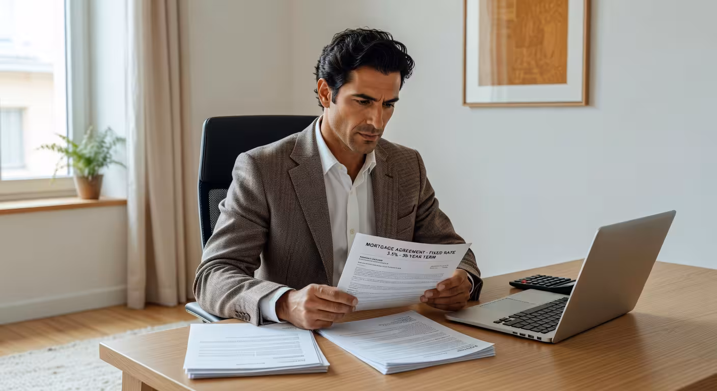 Hombre analizando documentos de hipoteca en su despacho