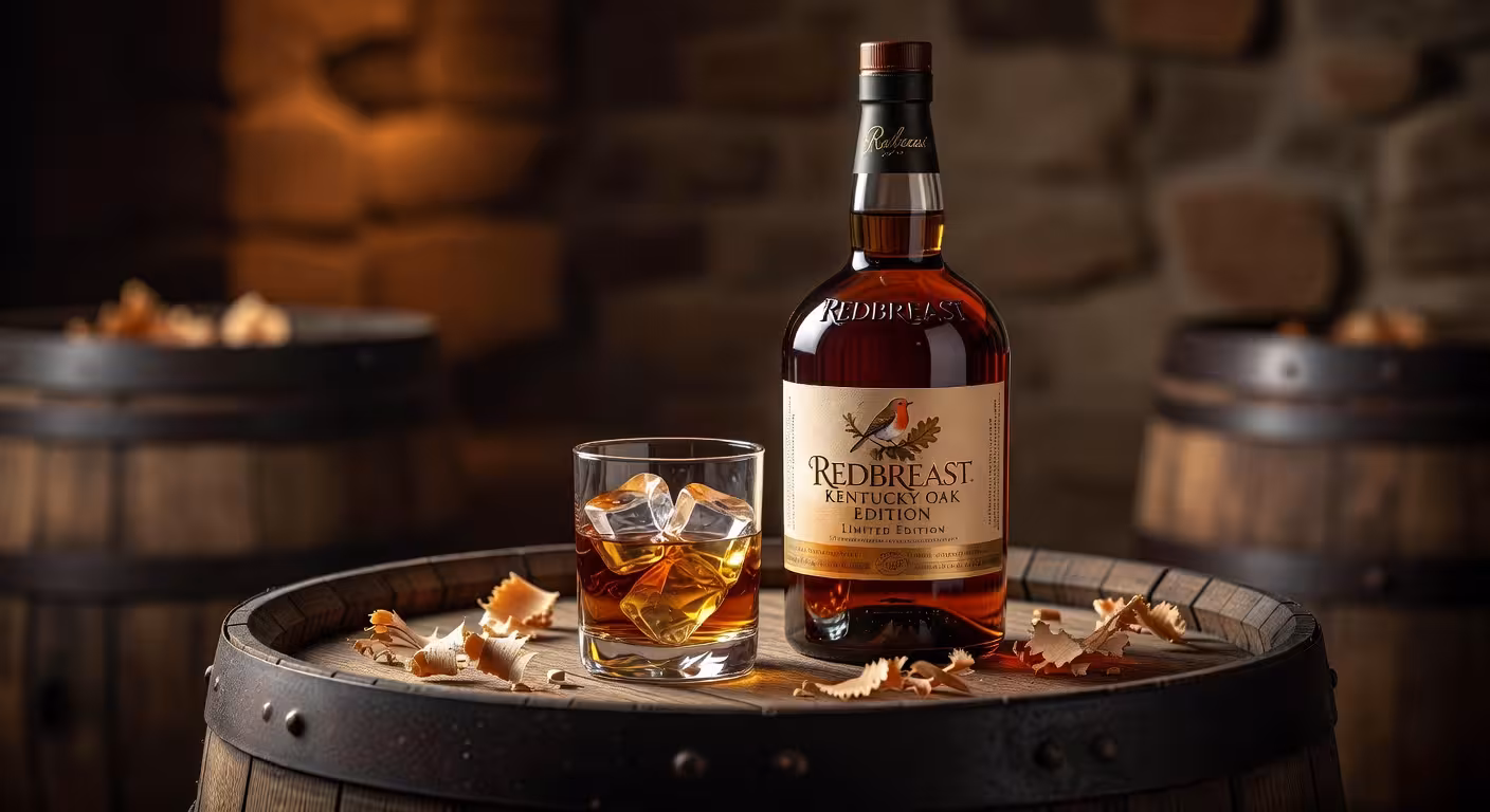 Botella de Redbreast Kentucky Oak Edition whisky irlandés premium sobre barrica de roble con copa de whisky