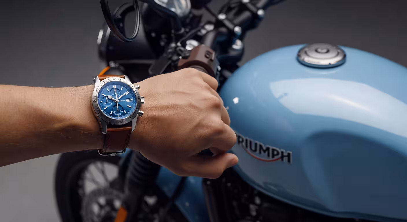 Breitling y Triumph: cuando la relojería suiza se encuentra con las motos británicas de leyenda Reloj Breitling Top Time Triumph con esfera azul hielo junto a motocicleta Triumph Speed Twin edición limitada