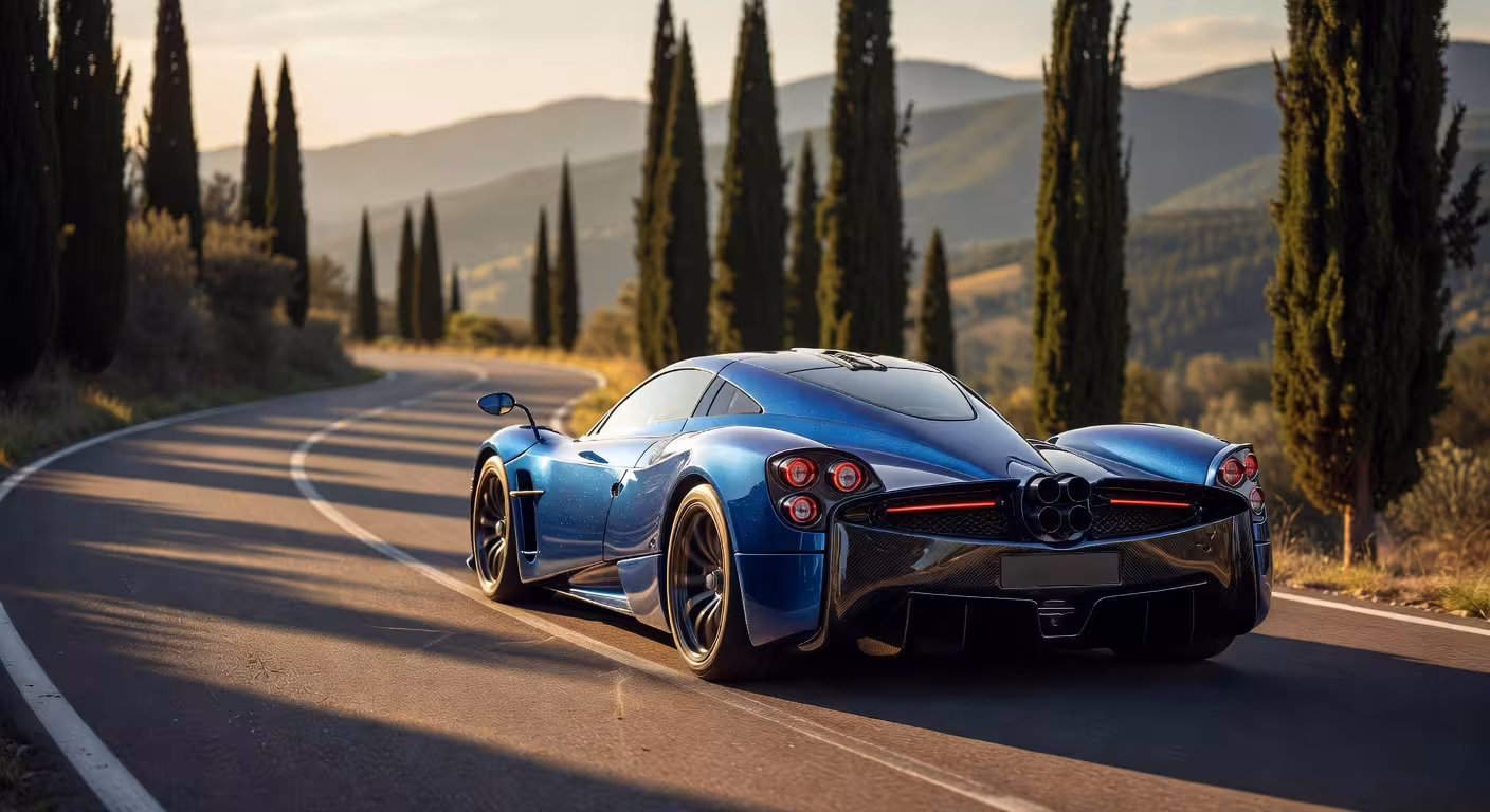 Pagani Huayra Codalunga azul metálico en carretera de montaña italiana al atardecer mostrando su diseño cola larga