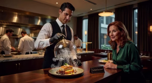 Plato creativo de foie gras siendo presentado con efecto ahumado en restaurante de lujo