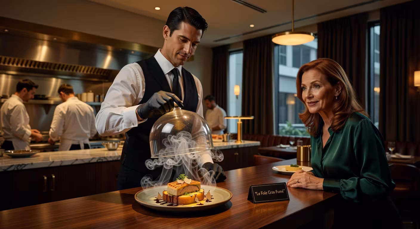 Plato creativo de foie gras siendo presentado con efecto ahumado en restaurante de lujo