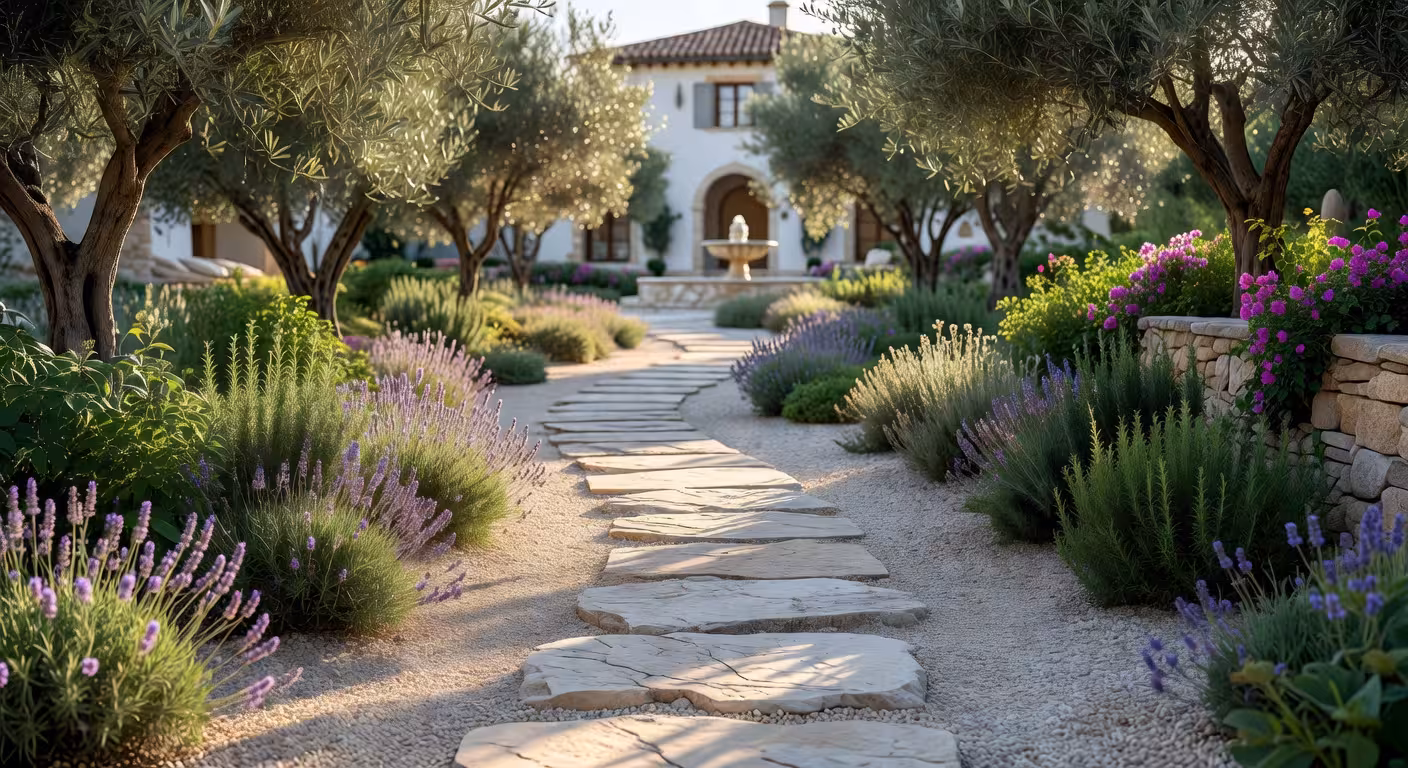 Camino de piedra natural serpenteante en jardín mediterráneo de lujo con bordes de grava y vegetación exuberante