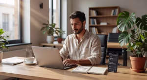 Espacio de trabajo profesional moderno optimizado para la productividad con herramientas digitales y organización minimalista