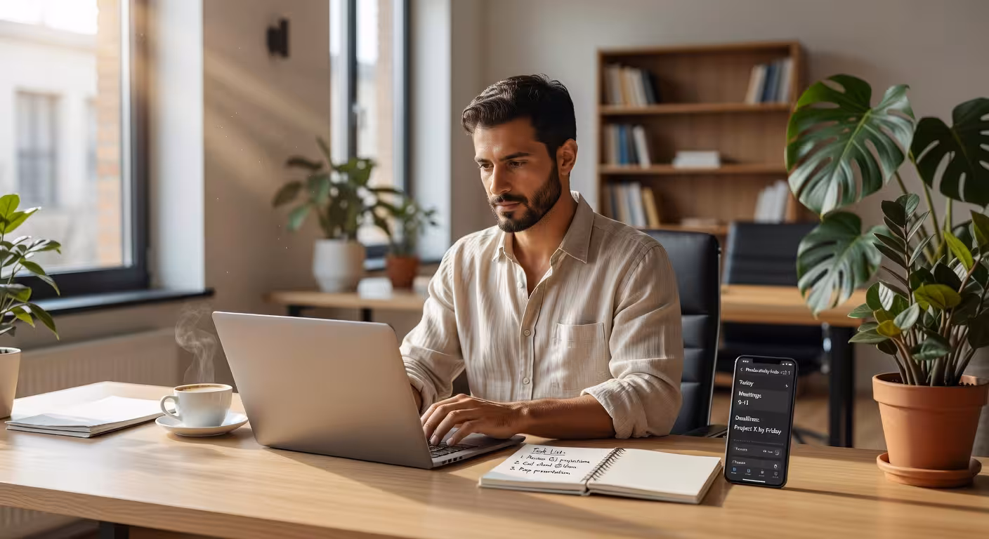 6 estrategias efectivas para aumentar la productividad en el trabajo Espacio de trabajo profesional moderno optimizado para la productividad con herramientas digitales y organización minimalista