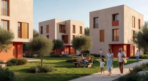 Complejo de vivienda asequible moderna en España con espacios comunitarios