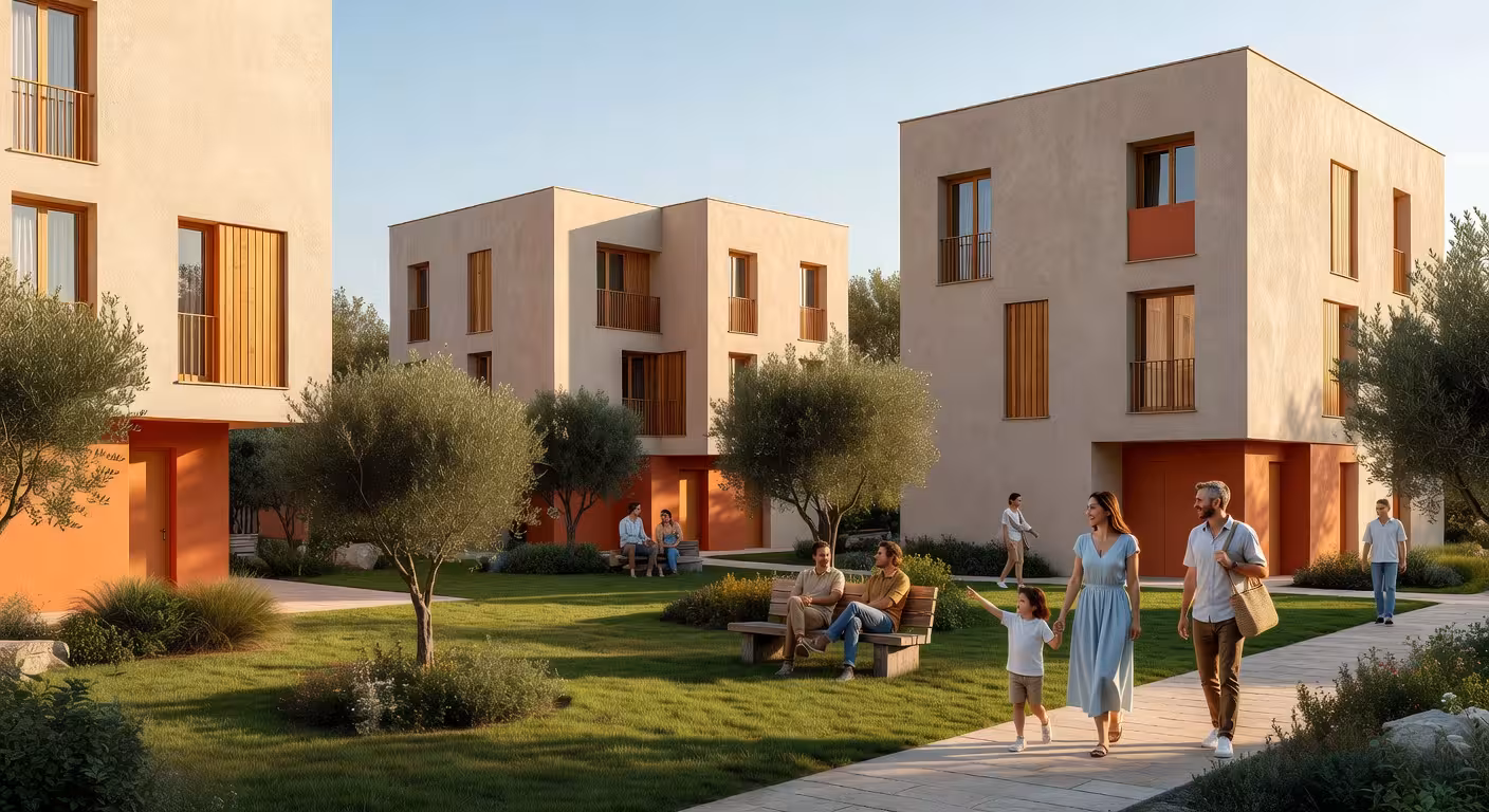 Complejo de vivienda asequible moderna en España con espacios comunitarios