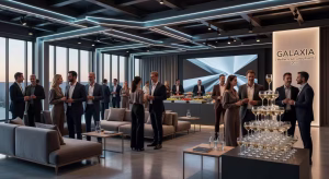 Configuración elegante de evento de lujo con diseño de iluminación sofisticado y zonas de networking modernas