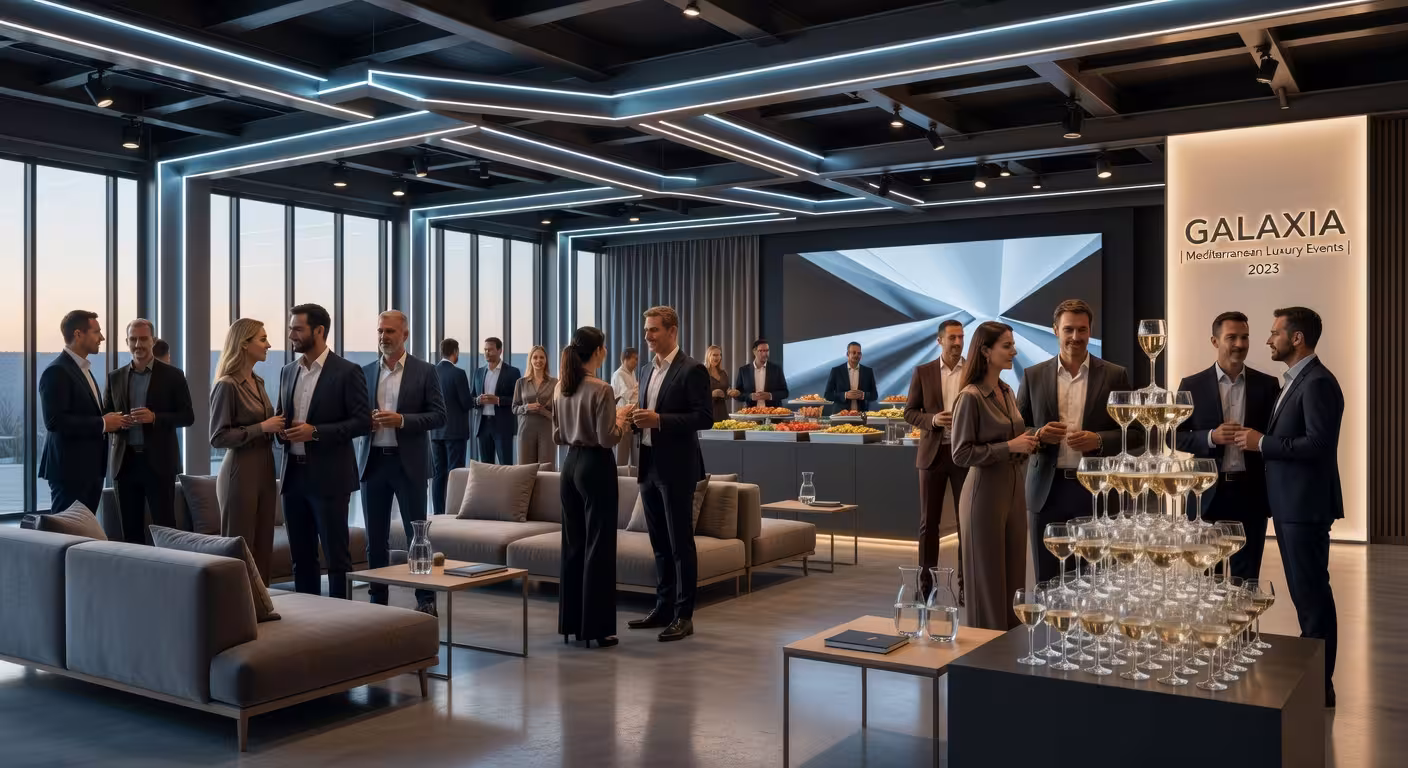 Cómo planificar un gran evento: guía completa con las tendencias actuales Configuración elegante de evento de lujo con diseño de iluminación sofisticado y zonas de networking modernas