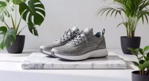 Zapatillas de lujo sostenibles fabricadas con botellas de plástico recicladas sobre superficie de mármol con plantas