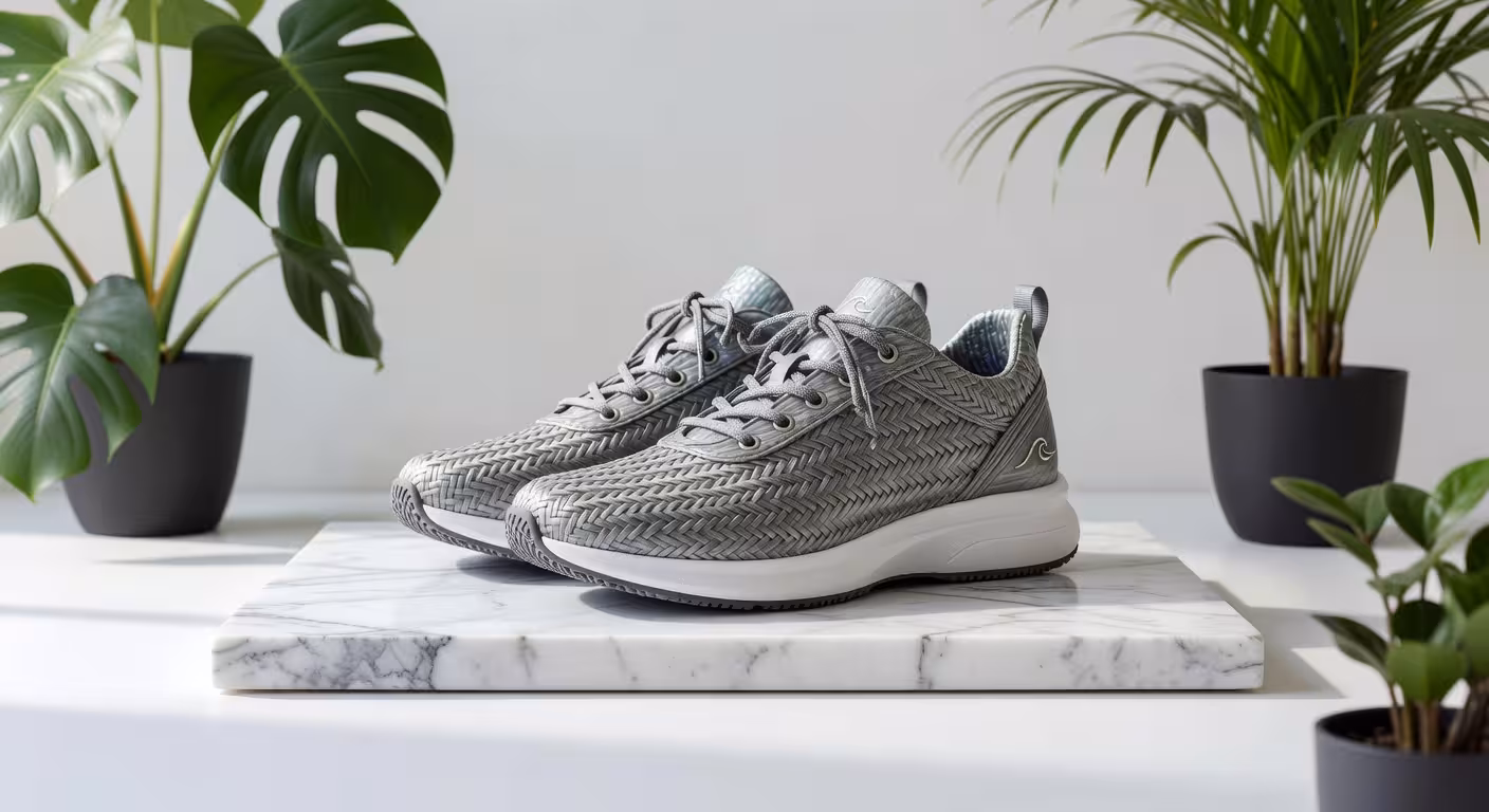 Zapatillas de lujo sostenibles fabricadas con botellas de plástico recicladas sobre superficie de mármol con plantas