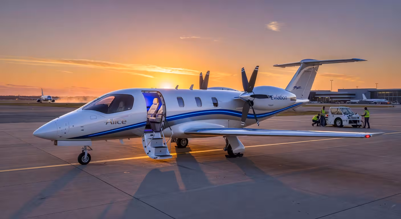 Alice de Eviation: el ambicioso avión eléctrico que prometía revolucionar la aviación ejecutiva Avión eléctrico ejecutivo Eviation Alice en pista con diseño futurista y propulsión eléctrica
