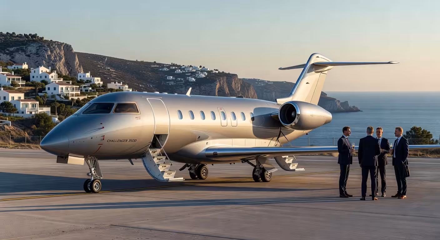El Bombardier Challenger 3500: cuando lujo y sostenibilidad vuelan juntos Bombardier Challenger 3500 en aeropuerto privado al atardecer