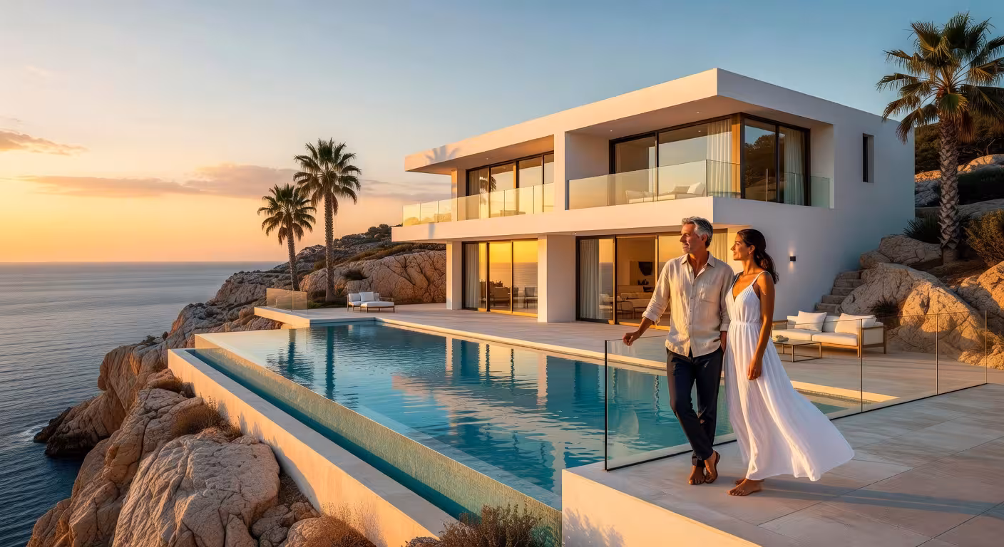 Premium Villas Costa Blanca: Tu Asesor Inmobiliario de Lujo en la Nueva Era del Mercado Español Villa de lujo moderna en la Costa Blanca con piscina infinita y vistas al mar al atardecer