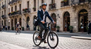 10 razones de peso para comprar una bicicleta eléctrica Hombre montando una bicicleta eléctrica moderna por la ciudad
