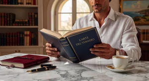 Libro Padre Rico Padre Pobre sobre escritorio de lujo con accesorios premium