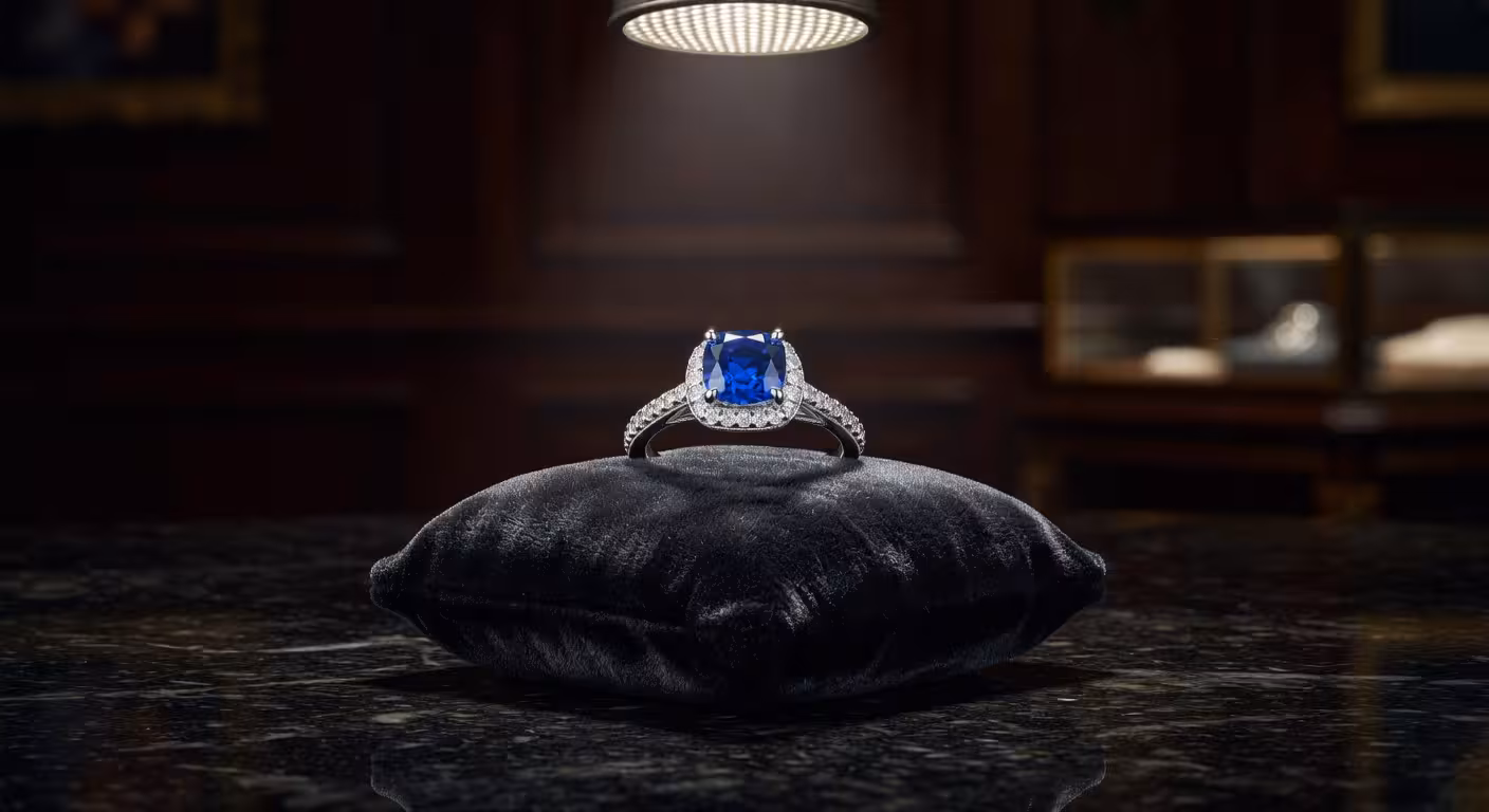 Diamante azul de lujo sobre terciopelo negro con iluminación dramática profesional