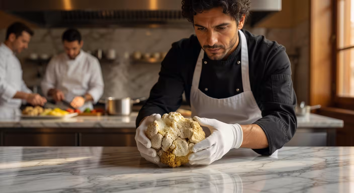 Trufa blanca de lujo siendo presentada con guantes en un entorno elegante