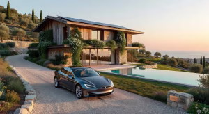 Coche eléctrico de lujo Tesla aparcado frente a villa sostenible con paneles solares y jardines verticales