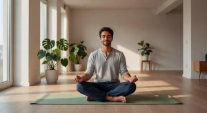 Hombre practicando meditación mindfulness en casa para reducir el estrés