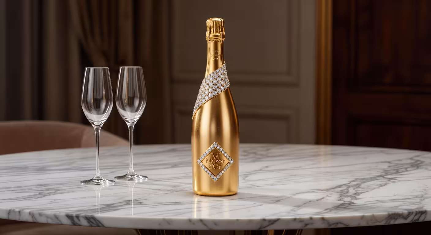 Botella de champán de lujo con recubrimiento dorado y diamantes incrustados sobre mesa de mármol elegante