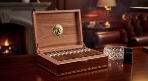 Caja de puros cubanos Romeo y Julieta sobre escritorio de caoba en estudio elegante