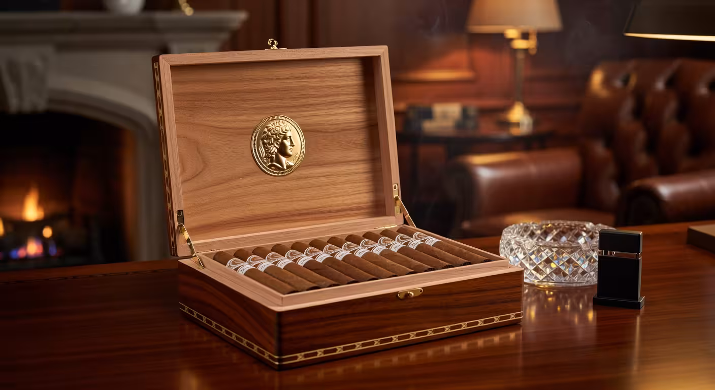 Caja de puros cubanos Romeo y Julieta sobre escritorio de caoba en estudio elegante