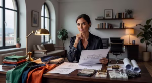 Jen Dallas: visión confiable y diseño atemporal para espacios de lujo Diseñadora de interiores trabajando en proyecto de lujo con muestras de materiales y bocetos