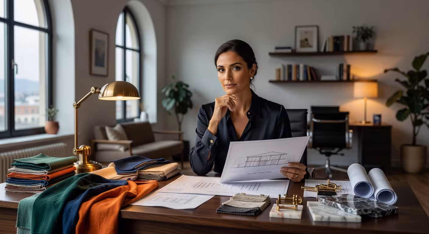 Diseñadora de interiores trabajando en proyecto de lujo con muestras de materiales y bocetos