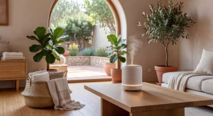 7 elementos esenciales de bienestar para transformar tu hogar en un santuario Santuario de bienestar en casa con difusor de aceites esenciales inteligente en ambiente minimalista de lujo