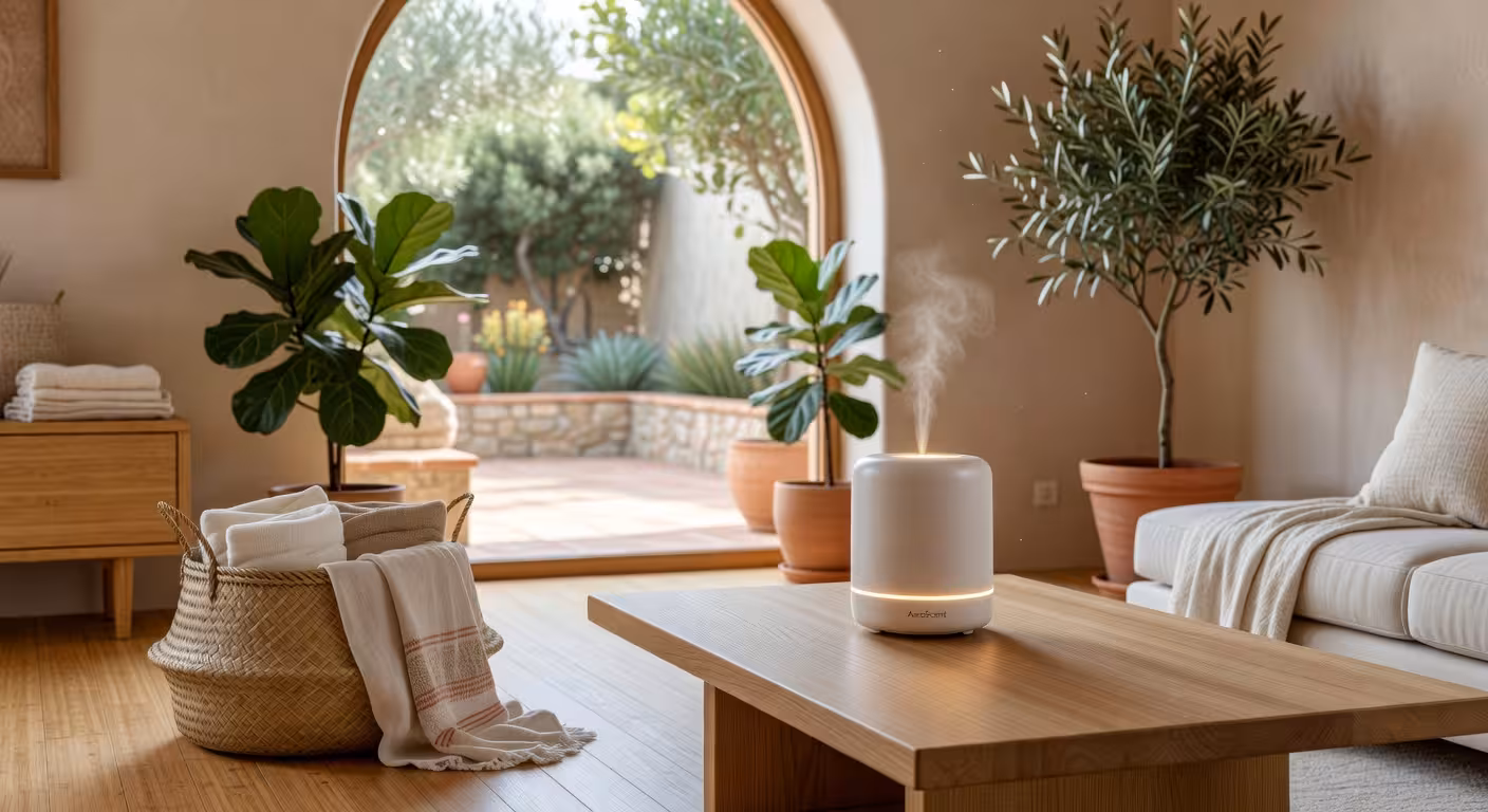 Santuario de bienestar en casa con difusor de aceites esenciales inteligente en ambiente minimalista de lujo