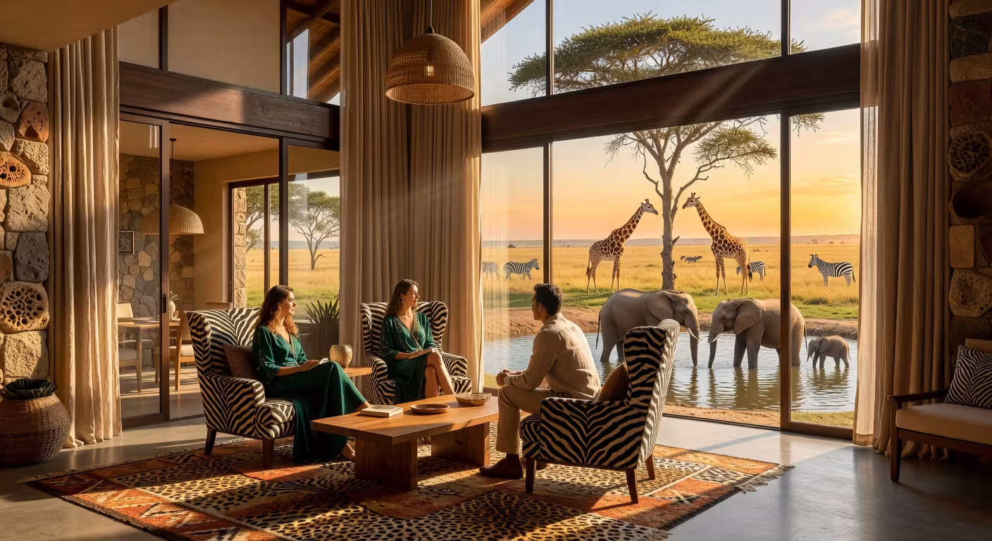 Interior de lujo de Monwana Game Lodge con ventanas de catedral y vistas al abrevadero en Thornybush