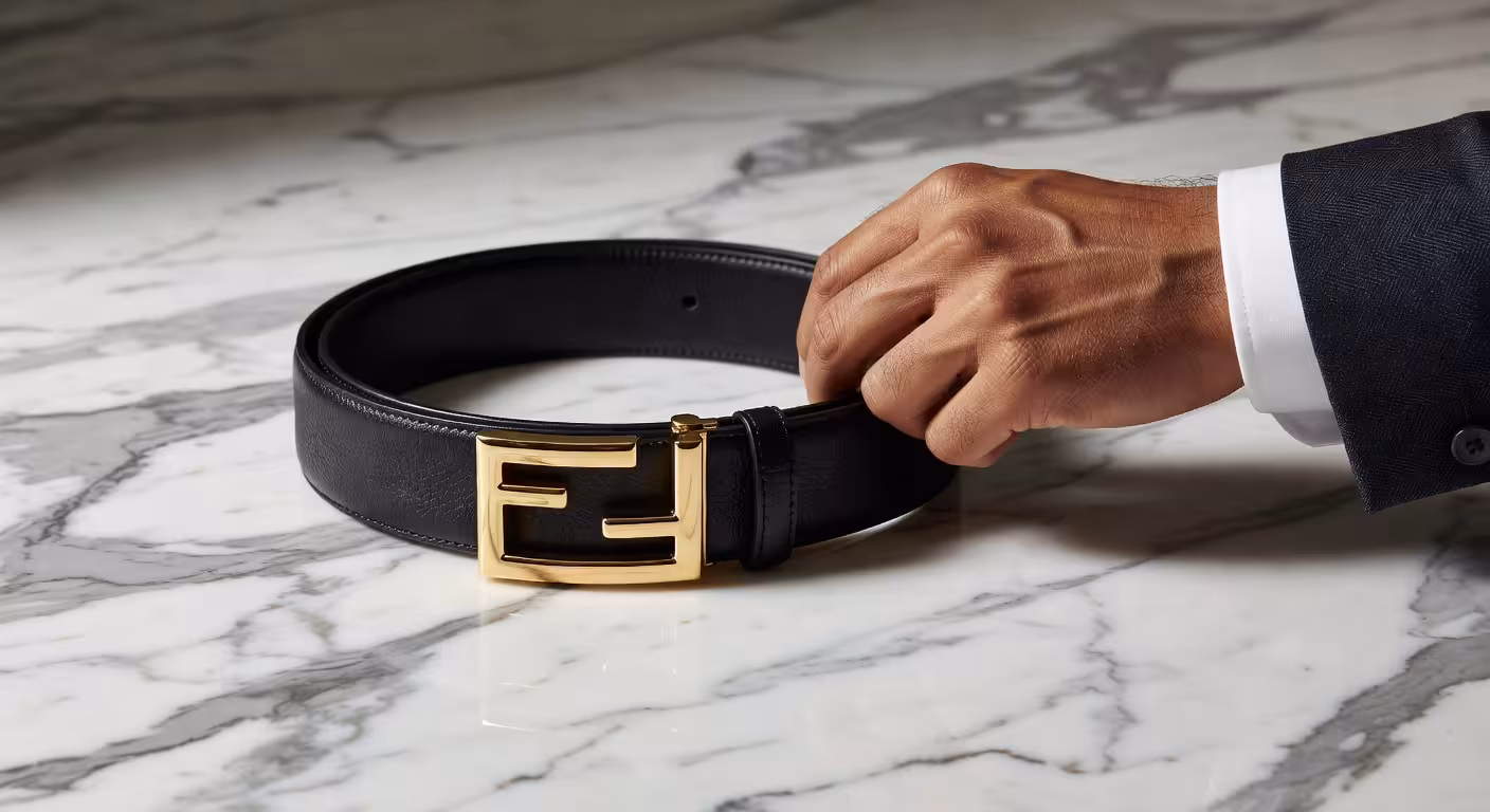 Cinturón de cuero Fendi con hebilla FF icónica dorada sobre superficie de mármol
