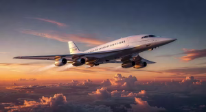Boom Overture avión supersónico volando sobre las nubes al atardecer