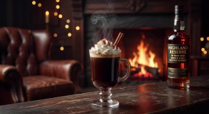 Las mejores bebidas para pedir cuando aprieta el frío Cóctel Irish Coffee humeante con whisky premium en elegante ambiente invernal de bar de lujo