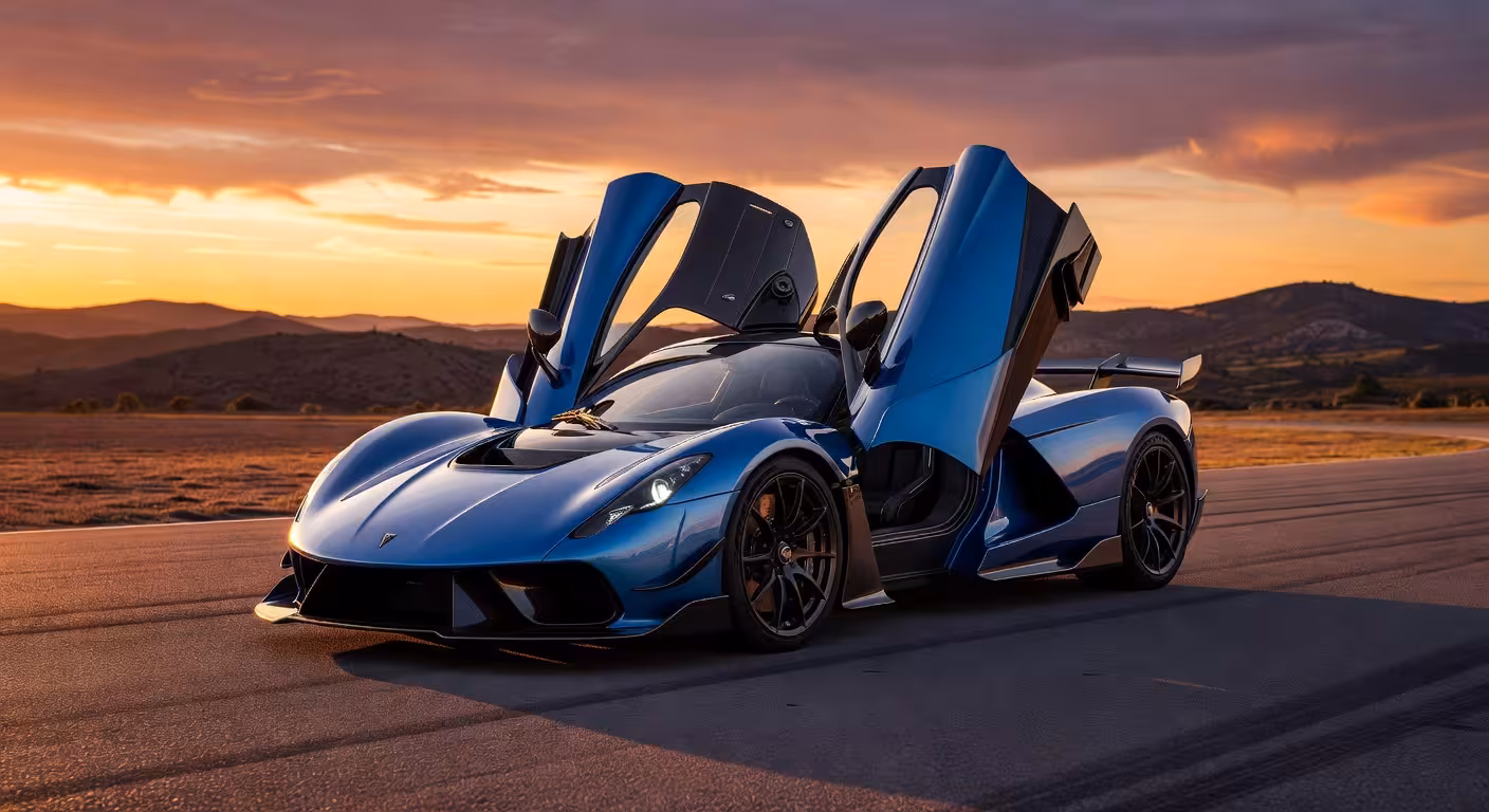 Hennessey Venom F5 Roadster: el hipercoche americano definitivo Hennessey Venom F5 Roadster azul con techo de fibra de carbono extraíble en circuito al atardecer