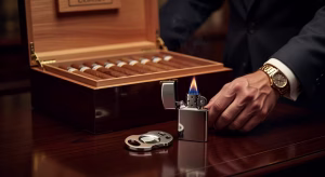 Accesorios premium para fumadores de puros: cortador, encendedor y humidor de lujo sobre escritorio de madera