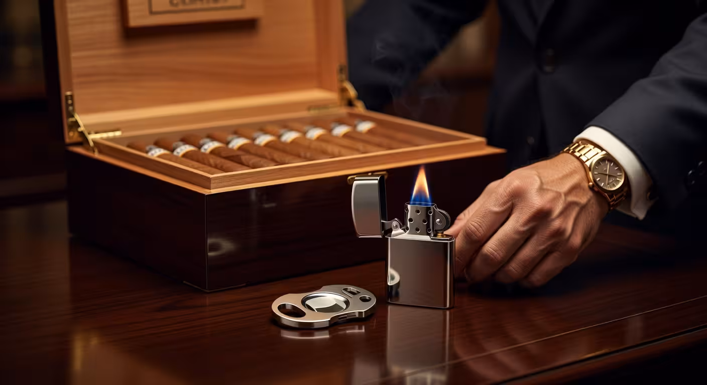 Accesorios premium para fumadores de puros: cortador, encendedor y humidor de lujo sobre escritorio de madera