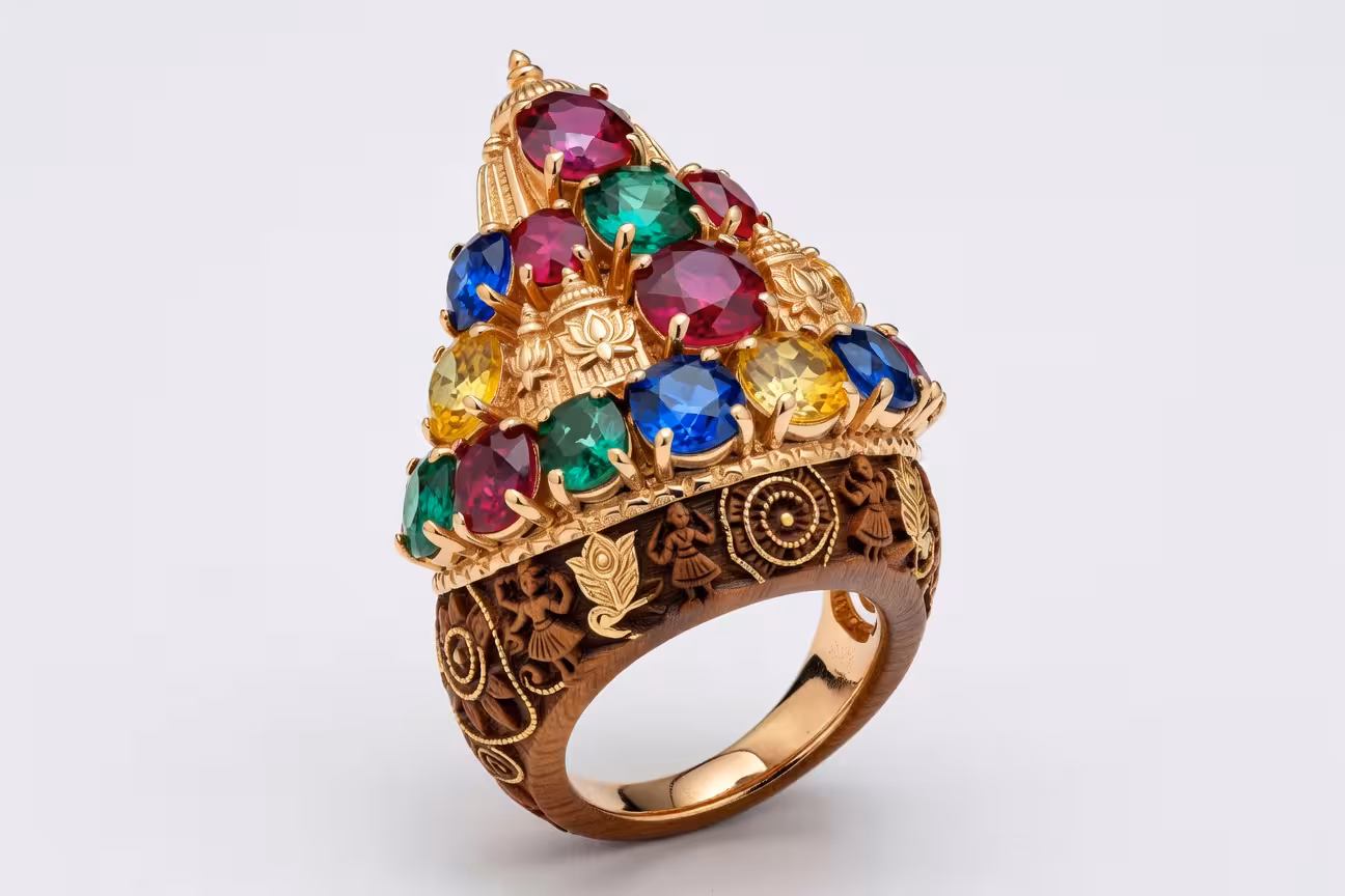 Anillo de alta joyería de Lydia Courteille inspirado en templos indios con zafiros rubíes y espinelas