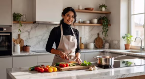 Becky Hardin y The Cookie Rookie: la historia de la bloguera que conquistó la cocina sin saber hervir agua Mujer cocinando con confianza en cocina moderna, representando la filosofía de recetas fáciles de The Cookie Rookie