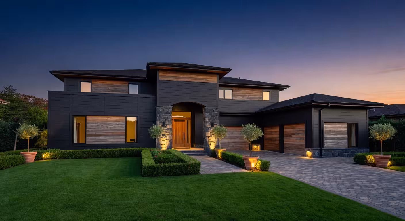 Exterior de casa de lujo renovado con revestimiento moderno, iluminación profesional y paisajismo sofisticado