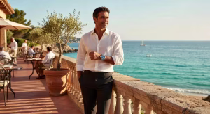 Hombre luciendo el Breitling SuperOcean Heritage en un ambiente costero mediterráneo de lujo