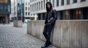 Hombre con estilo vistiendo chaqueta de cuero negra con capucha en entorno urbano moderno