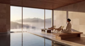 7 retiros de spa internacionales para una escapada de lujo inolvidable Interior de retiro de spa de lujo con vistas a montañas al amanecer, piscina geotermal y diseño minimalista